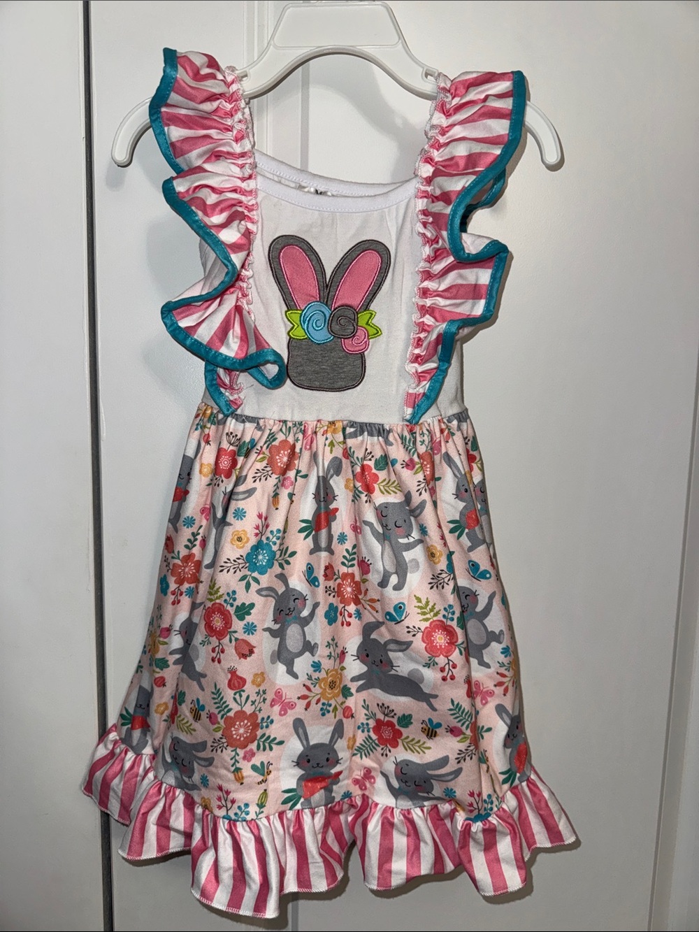 Amazon Girls White Pink Teal Floral Bunny Dress